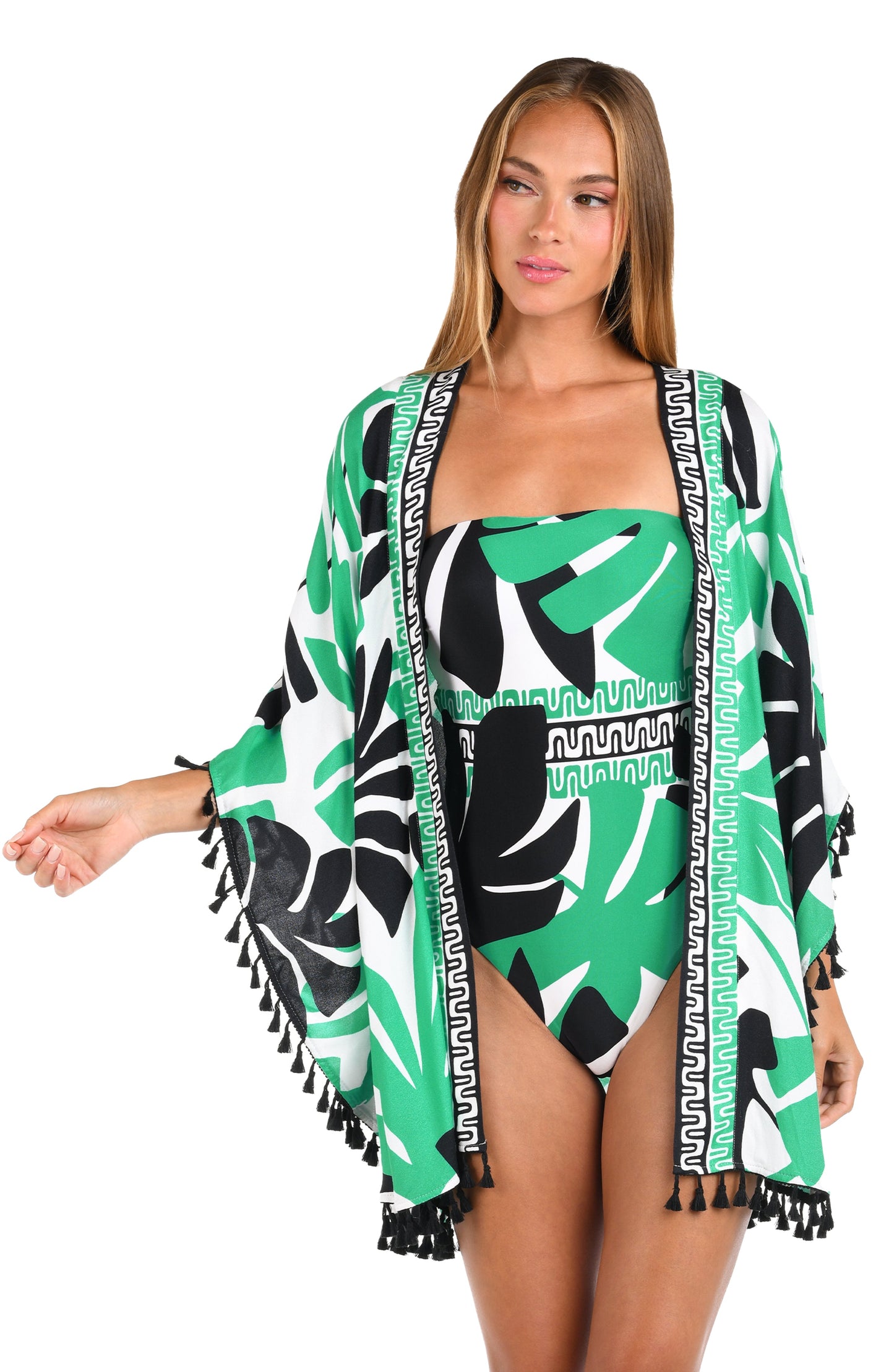 Front image of model wearing the Sunshine 79 Monstera Open Front Kimono.