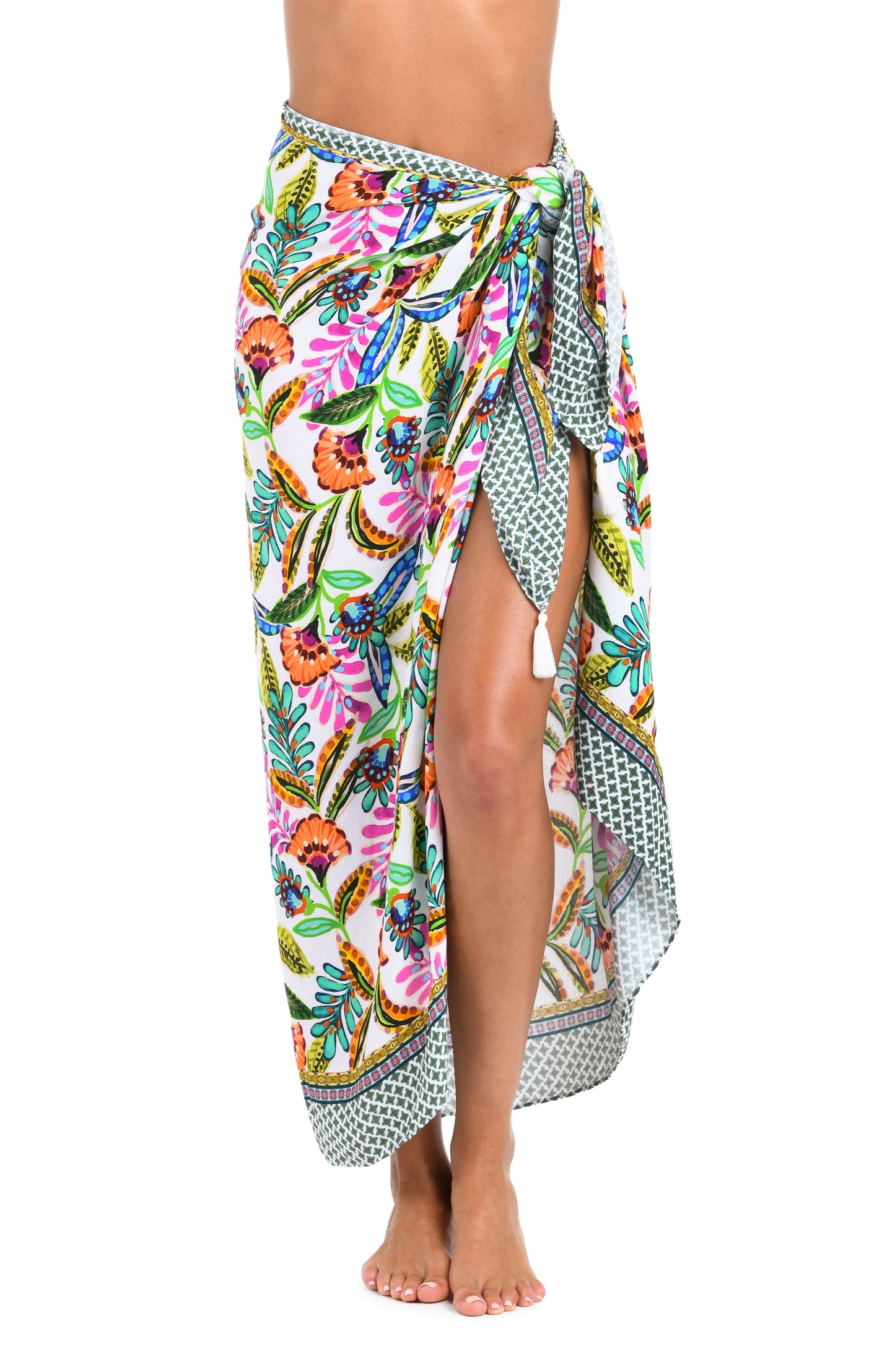 Front image of model wearing the Sunshine 79 Jungle Jive Pareo Wrap.