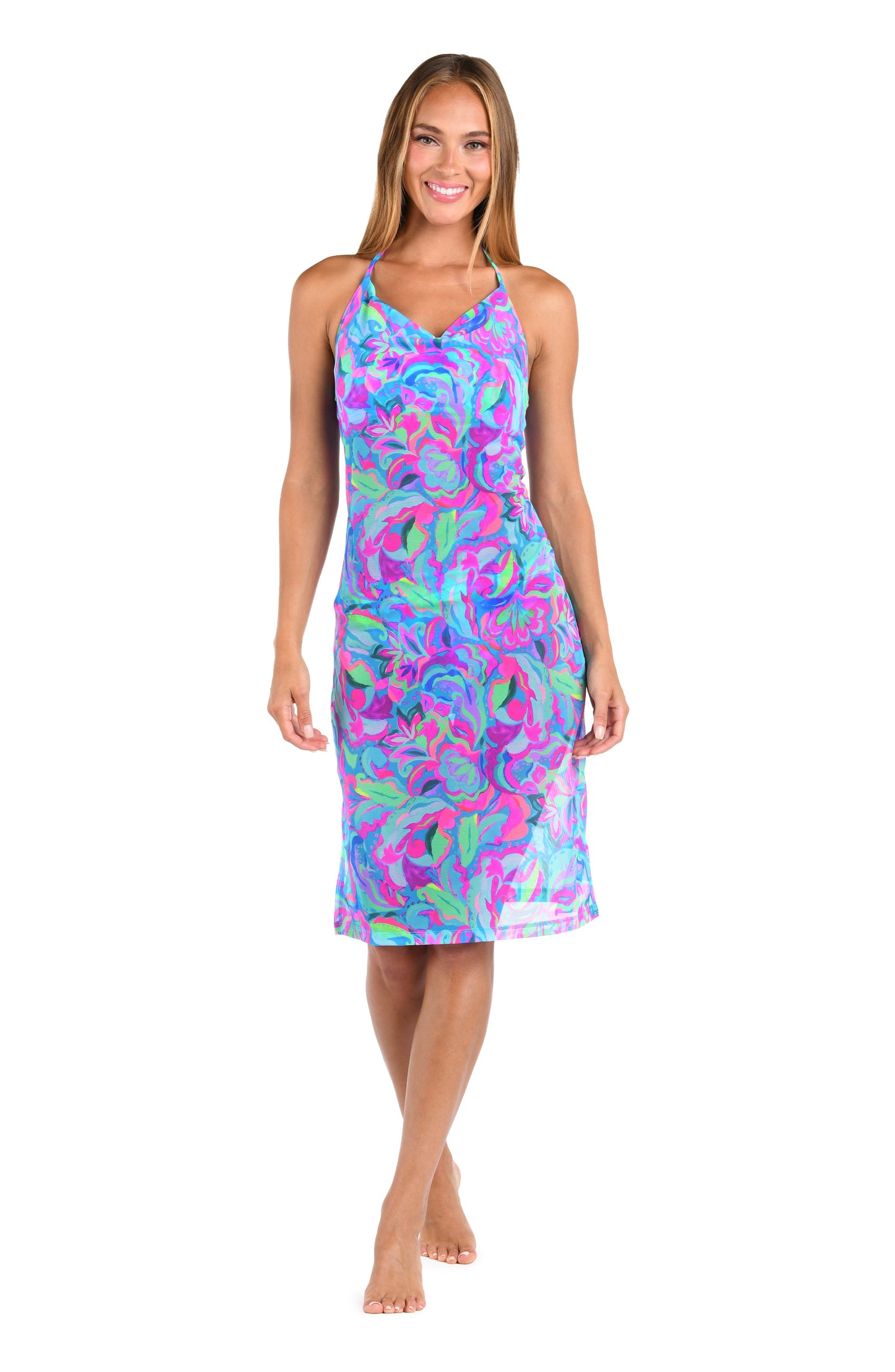 Front image of model wearing the Sunshine 79 Swirltopia Halter Midi-Dress.