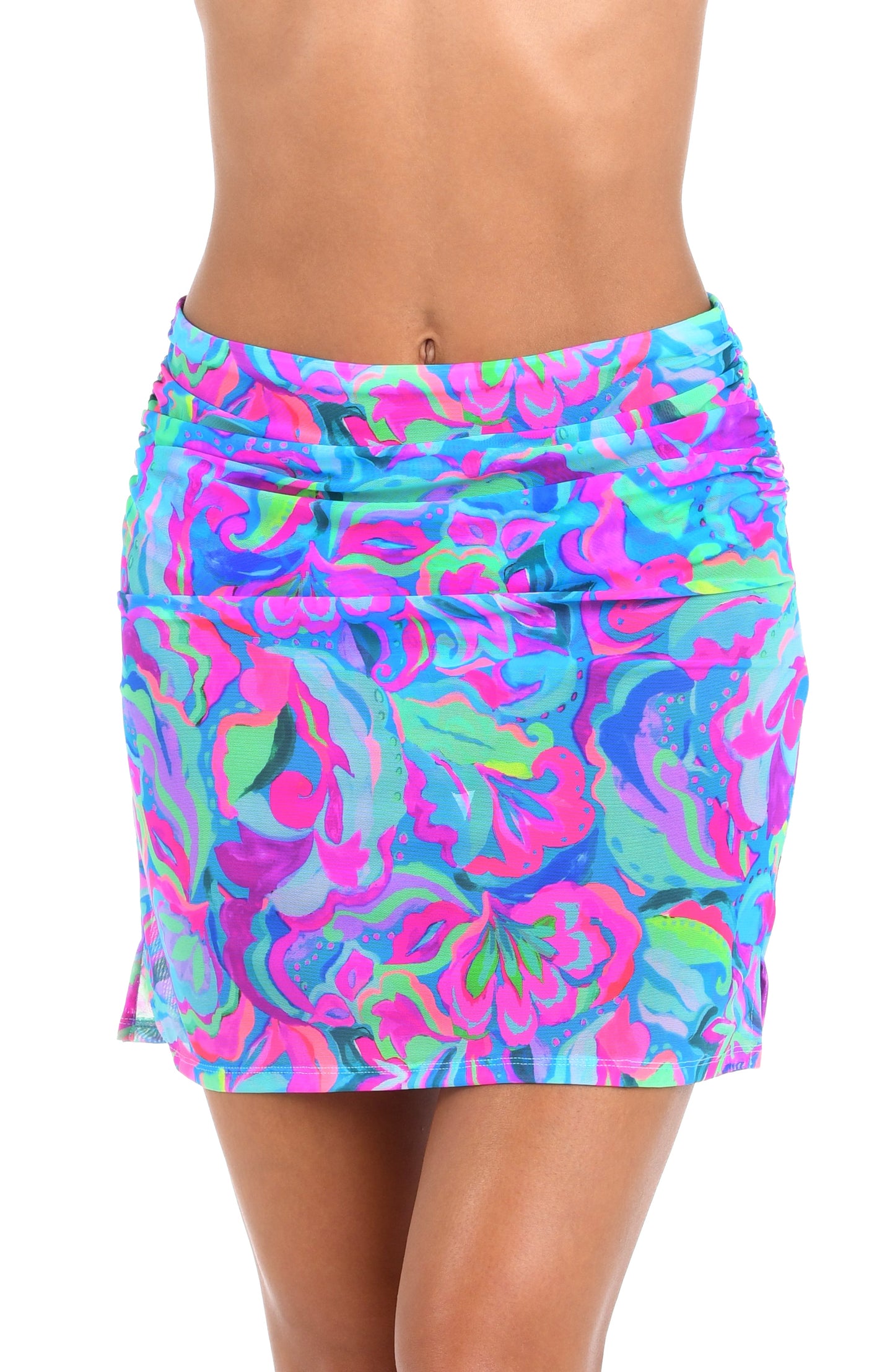 Front image of model wearing the Sunshine 79 Swirltopia Pull-On Short Skirt.