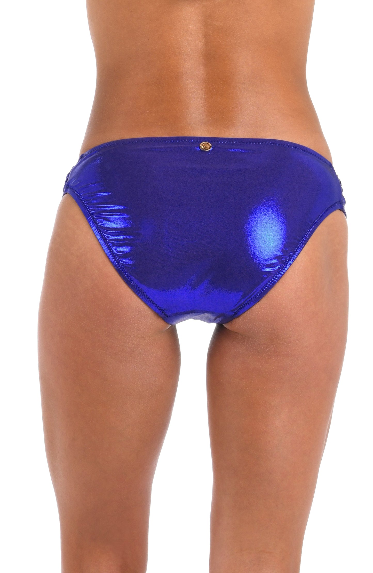 Back image of model wearing the Sunshine 79 Sea Sparkle Side Shirred Hipster Bottom.