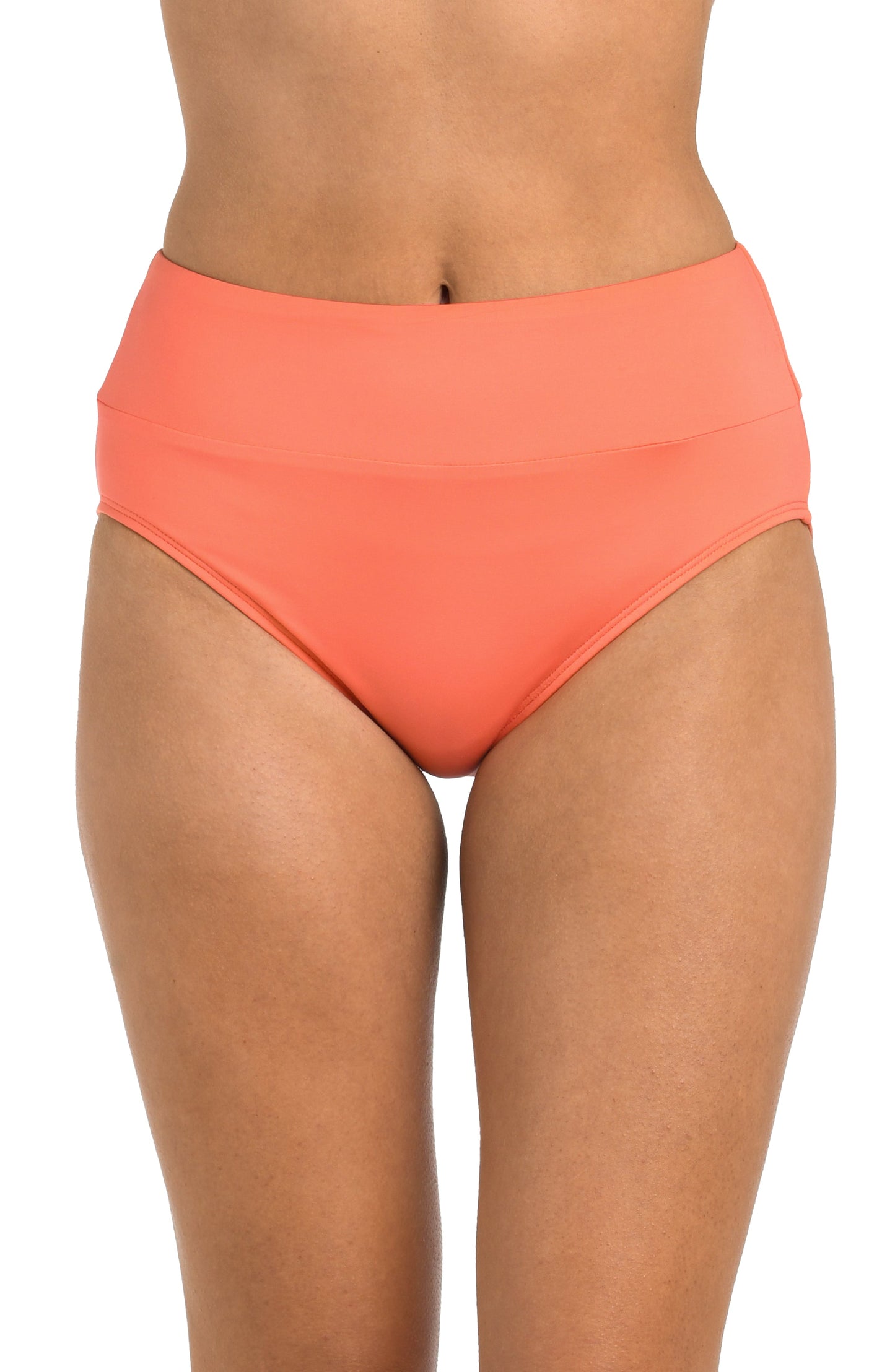 Front image of model wearing the 24th & Ocean Solid High Waist Bottom in Coral.