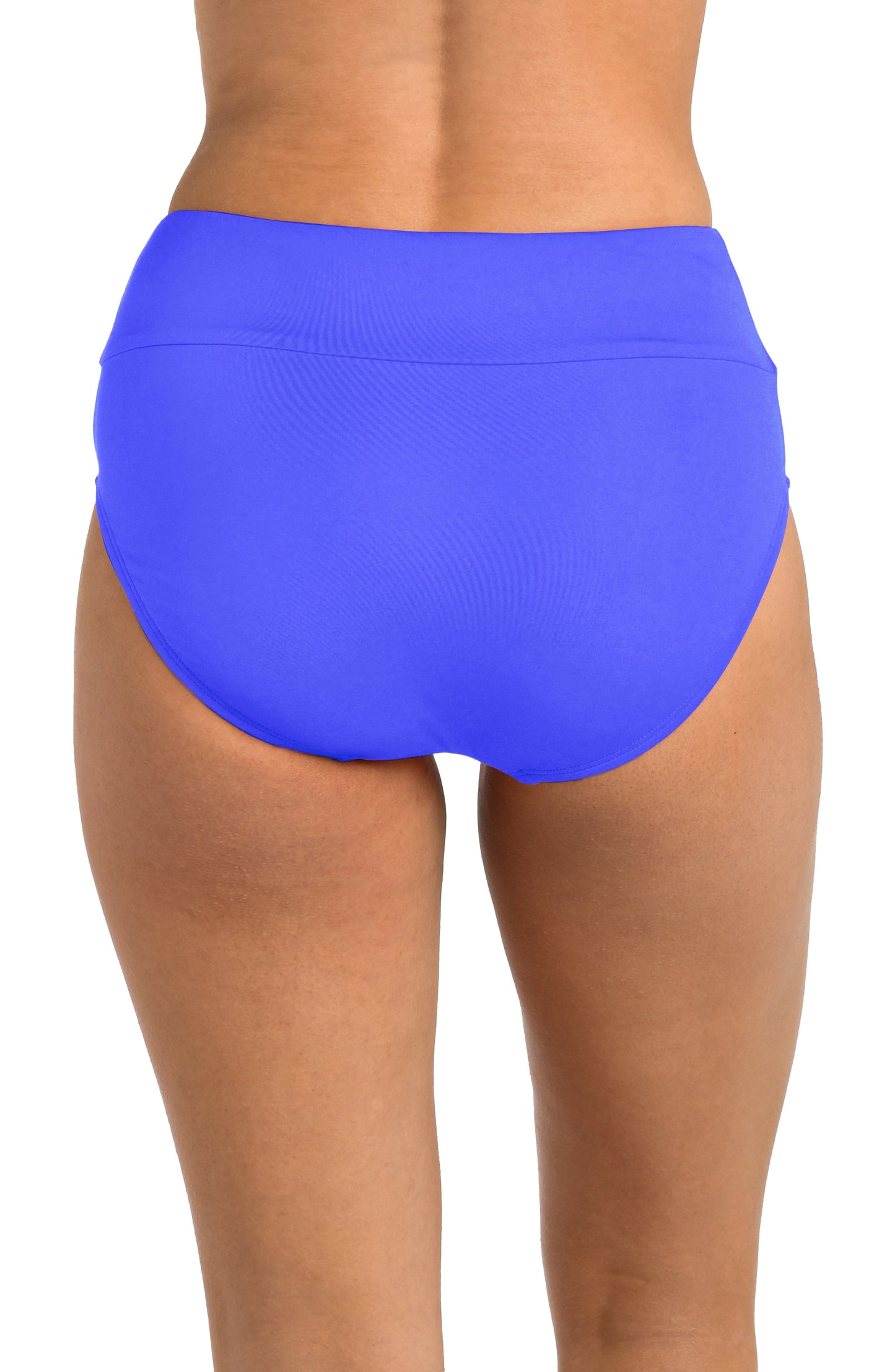 Back image of model wearing the 24th & Ocean Solid High Waist Bottom in Periwinkle.