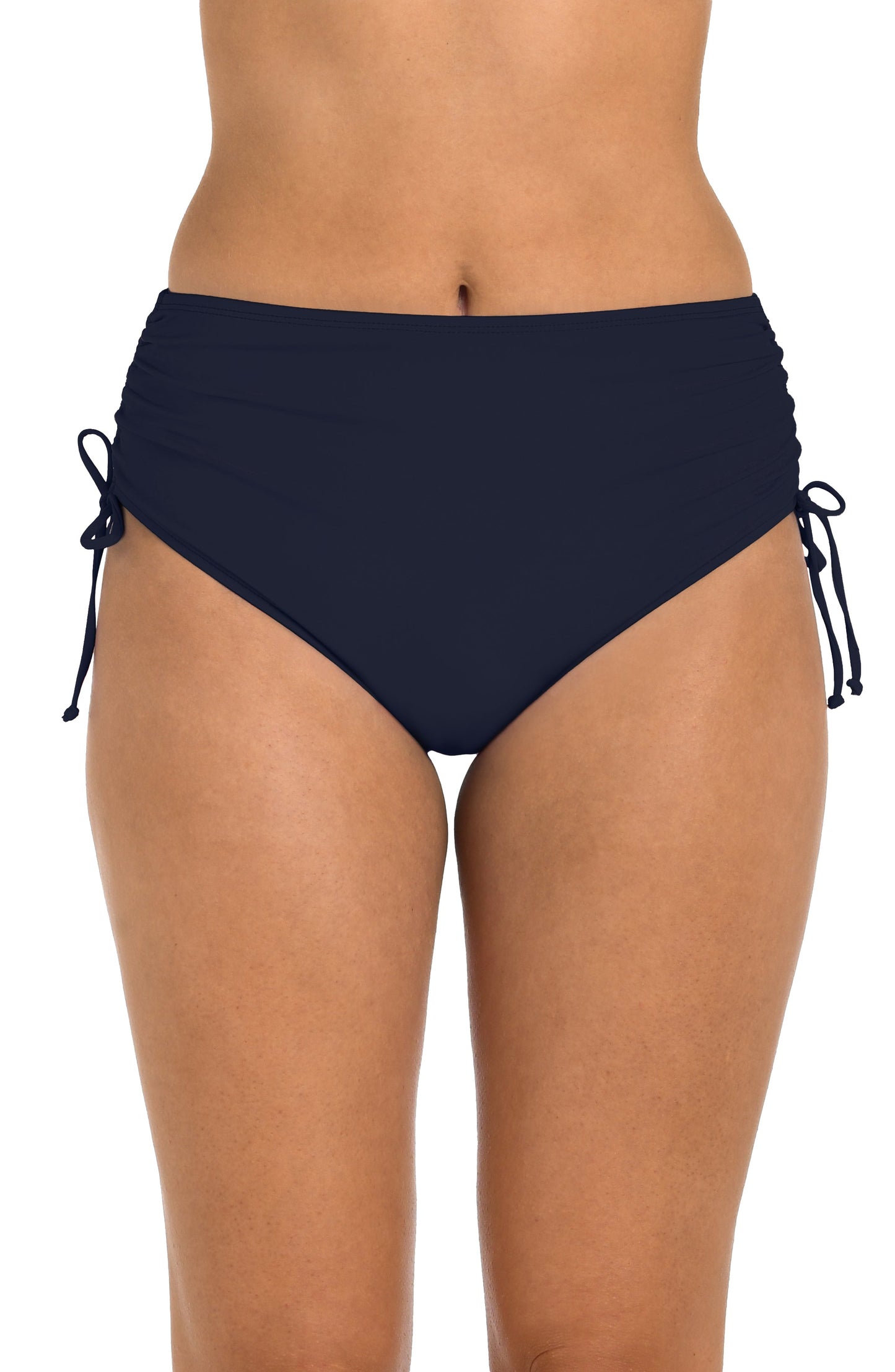 Front image of model wearing the 24th & Ocean Solid Mid Waist Side Tie Hipster Bottom in Midnight.