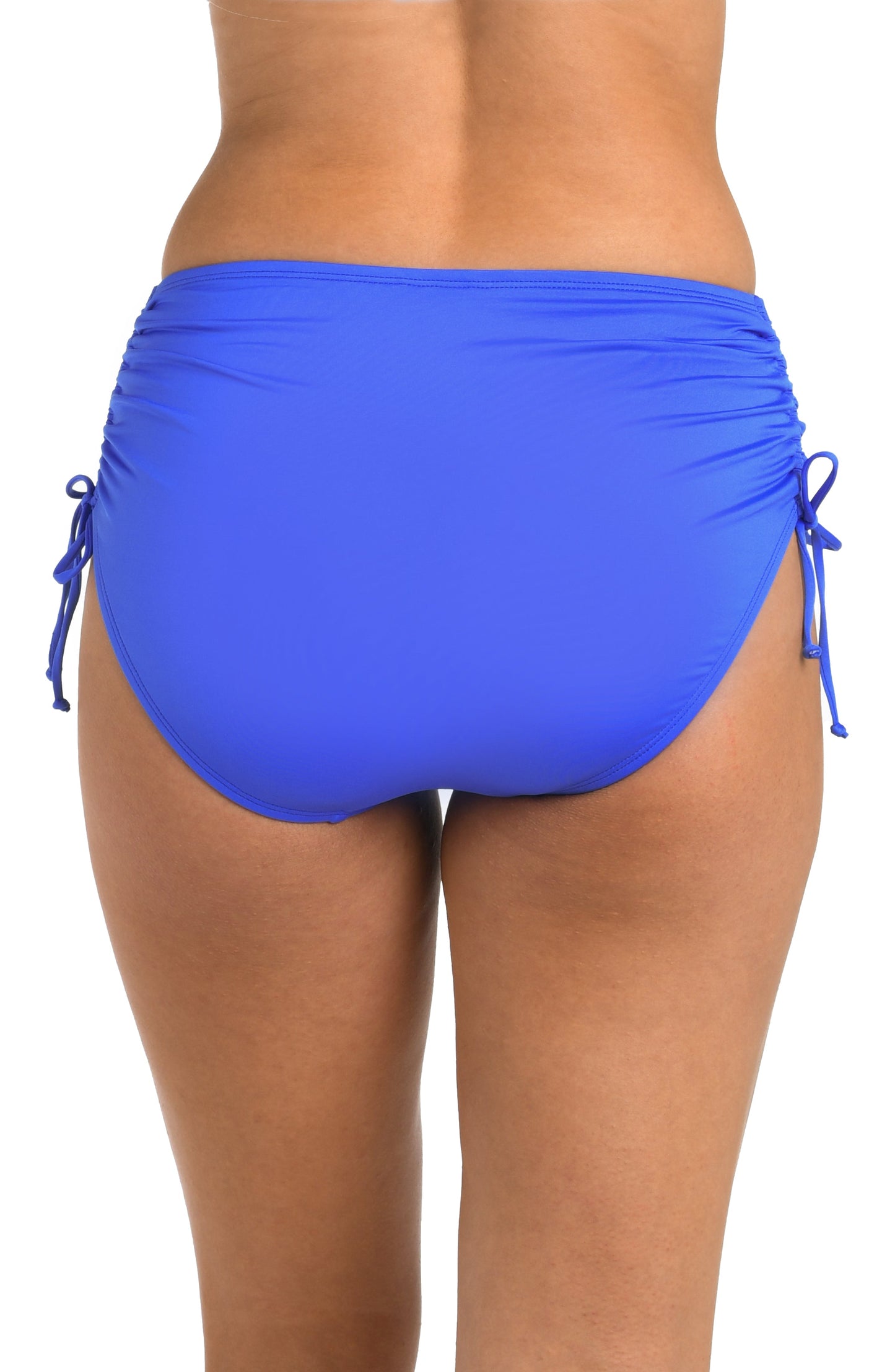 Back image of model wearing the 24th & Ocean Solid Mid Waist Side Tie Hipster Bottom in Periwinkle.