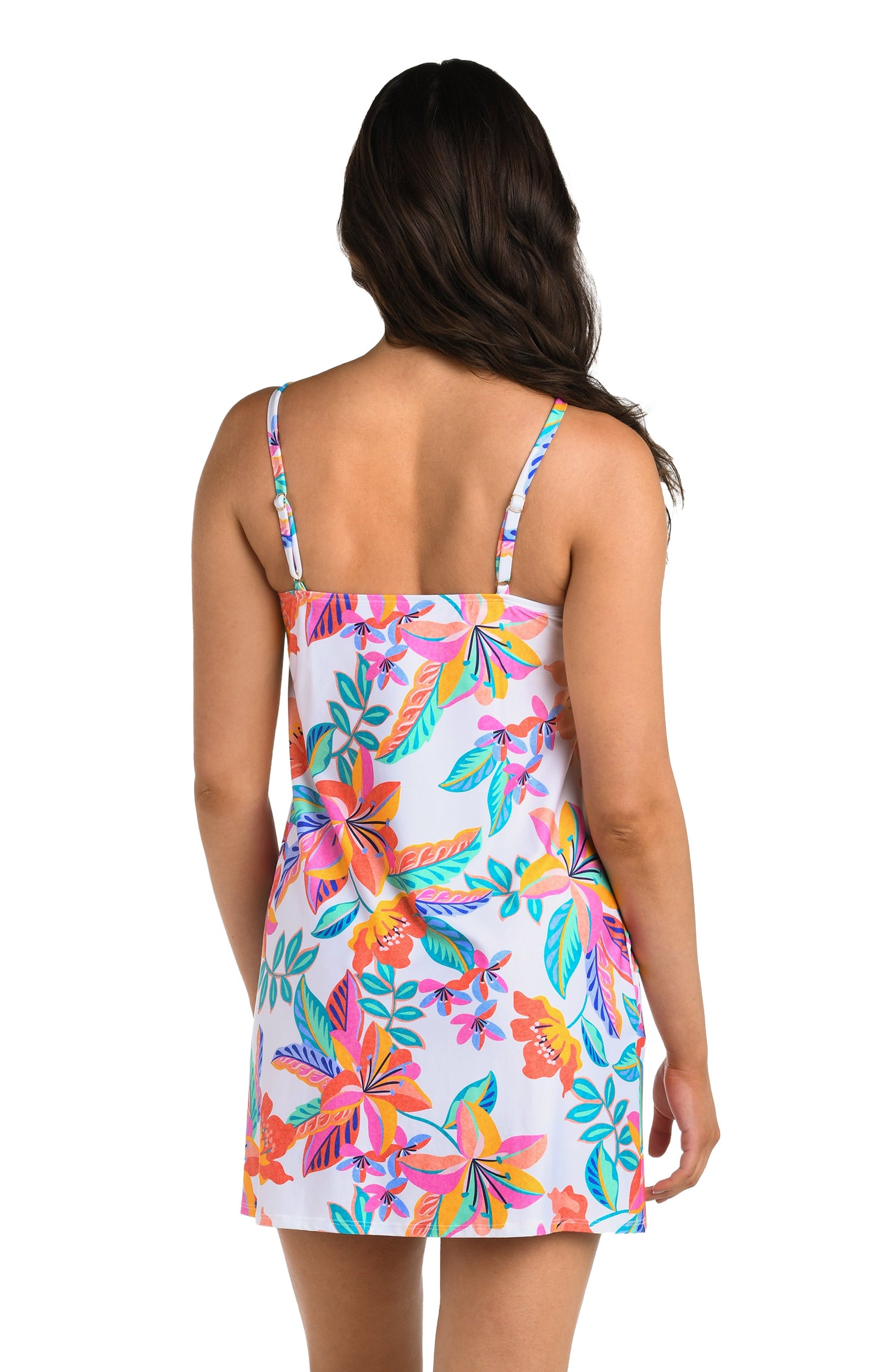 Back image of model wearing the 24th & Ocean Francesca Tropical High Neck Shift Dress Cover Up.