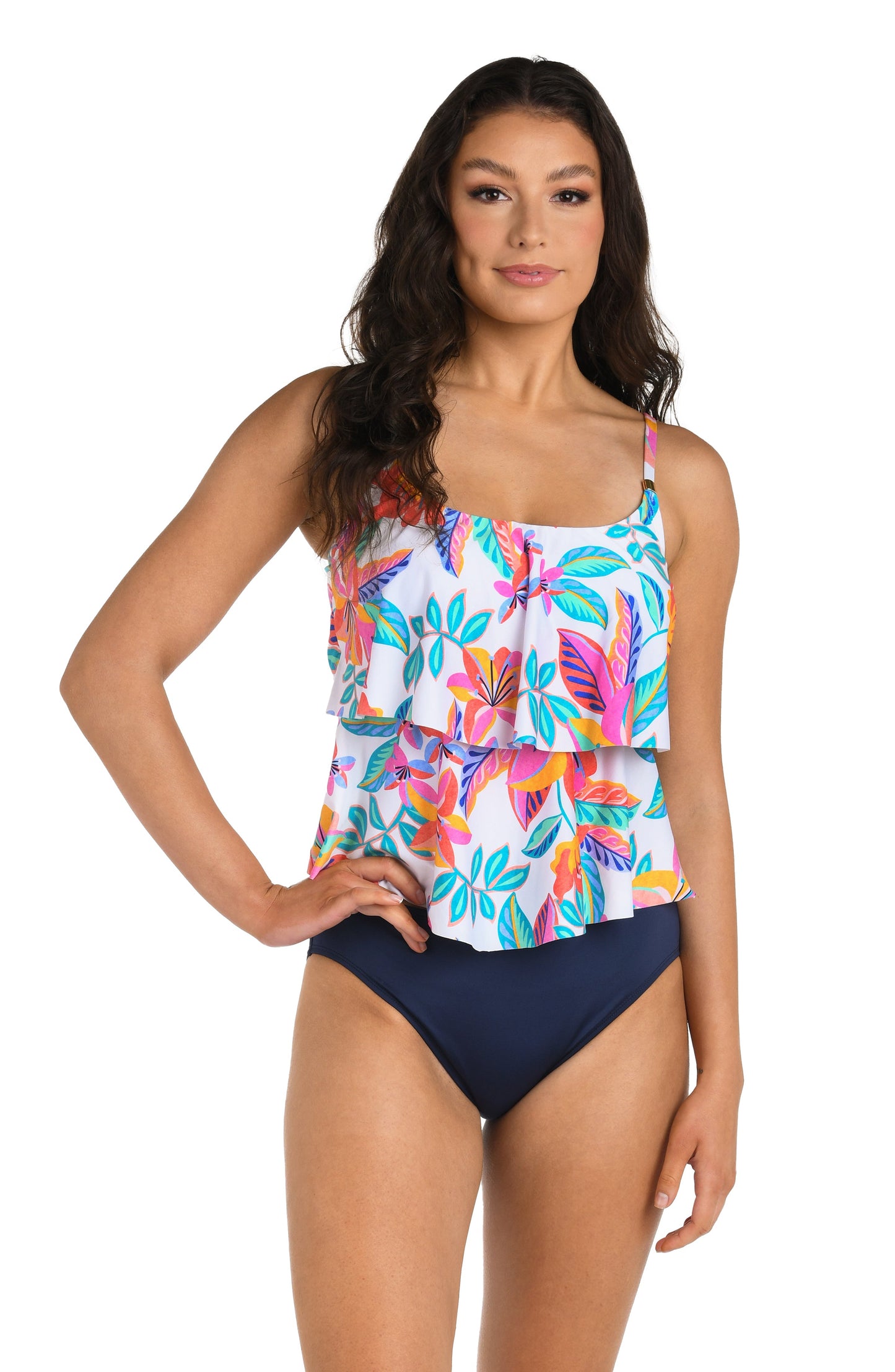 Front image of model wearing the 24th & Ocean Francesca Tropical Two Tiered Tankini Top.